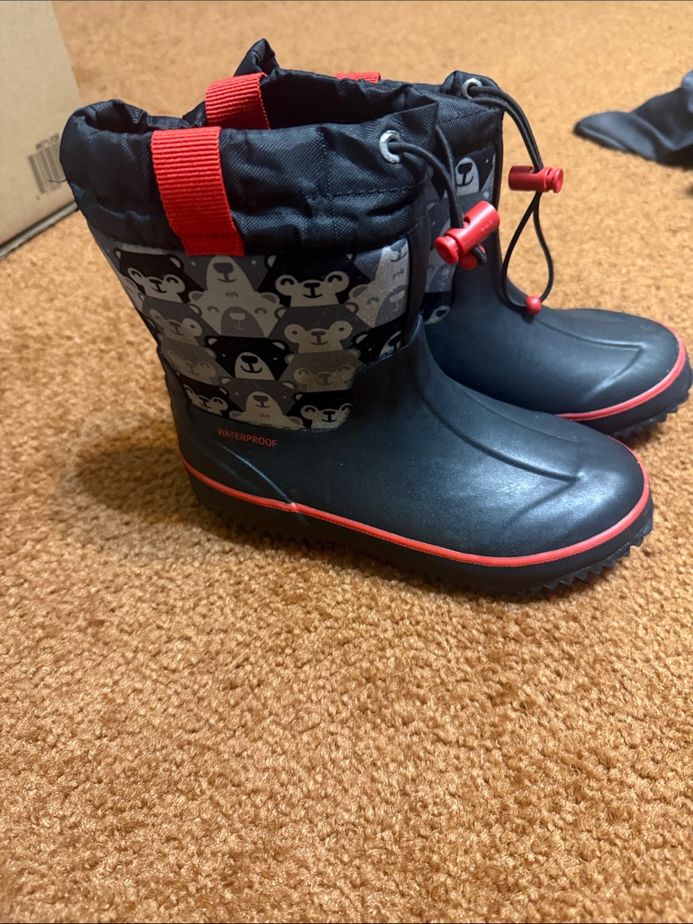 Cat & Jack Kids Black Waterproof Boots with Red Trim and Bear Print